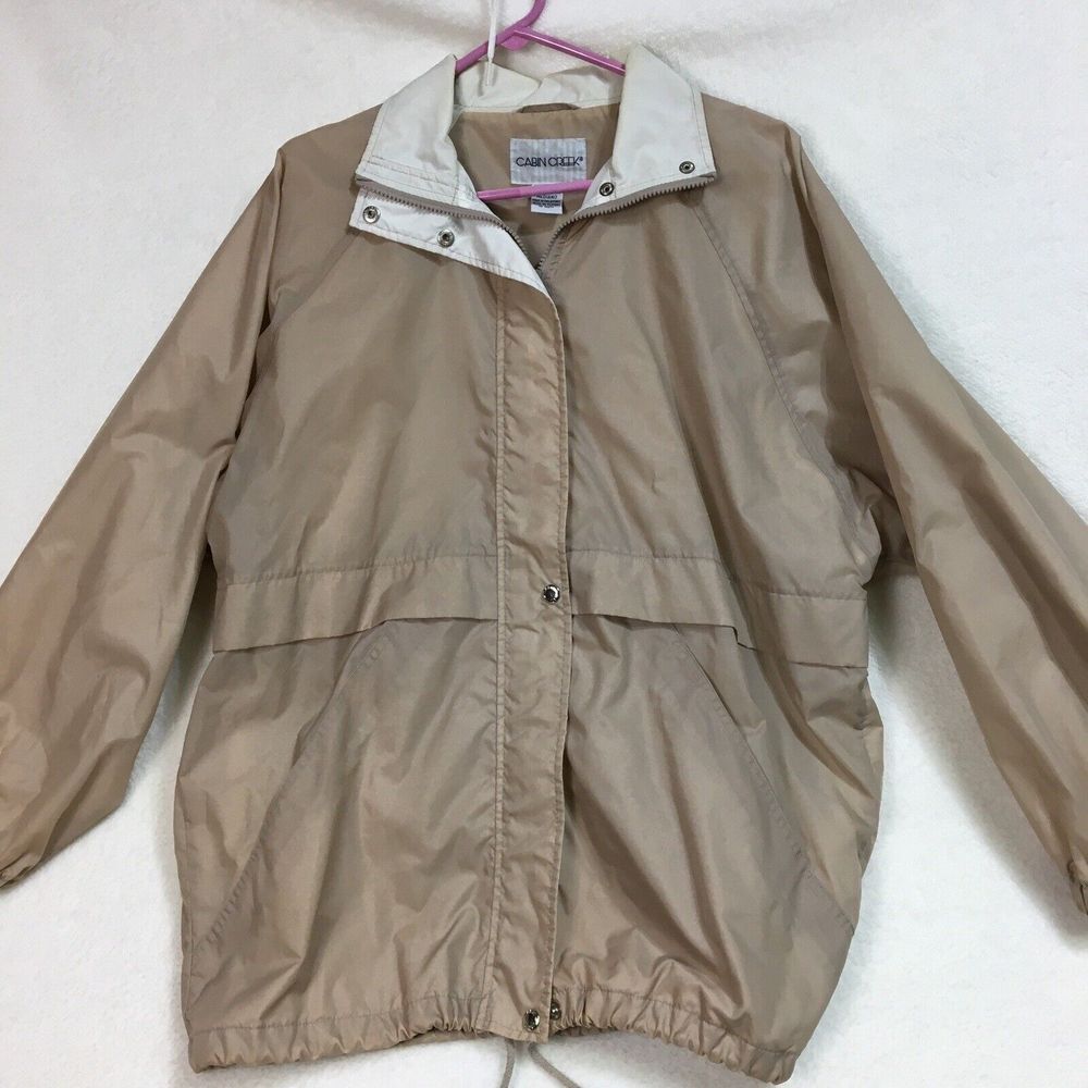 Cabin Creek Women's Nylon Windbreaker Sz M Biege Rain Jacket Zip Up Snap